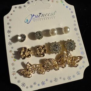 Princess Accessories Earring Set 6 Pairs Butterfly, Flower, Gold Tone